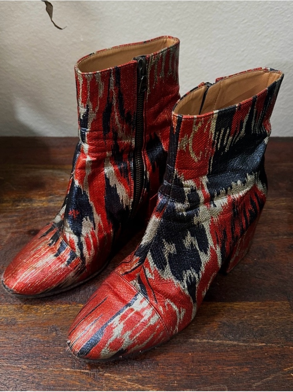 Dries Van Noten Red Navy Patterned Ankle Boots size 38/7.5